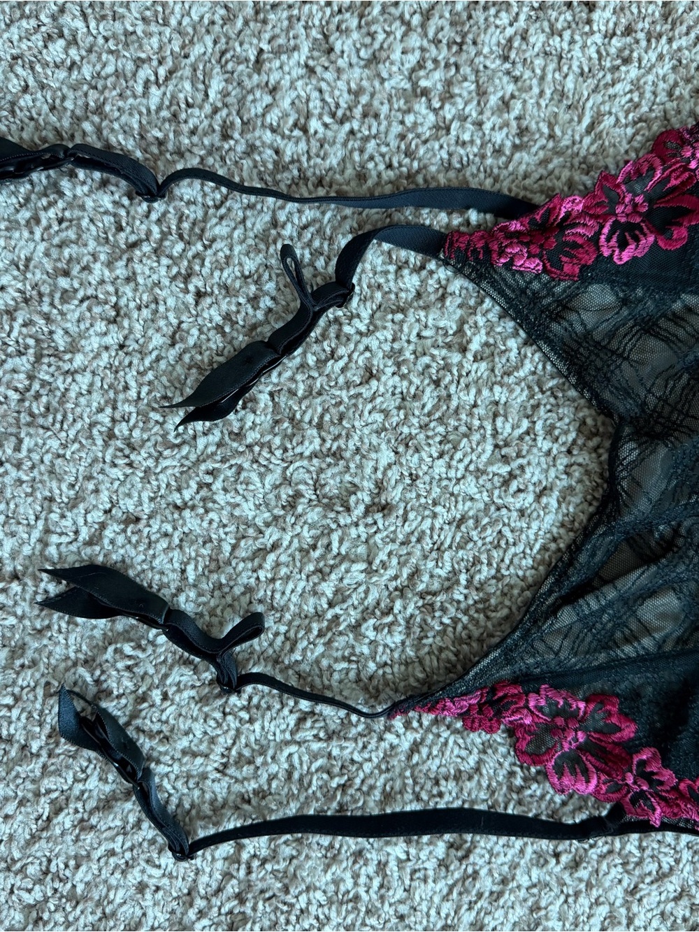 Victoria's Secret Black Sheer Lace Garter Belt with Fuchsia Floral Embroidery